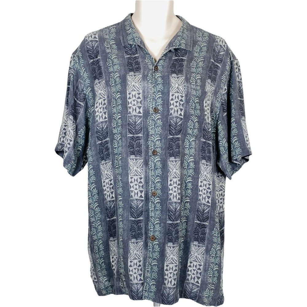 Mens Tommy Bahama Sz L Gray Tropical 100% Silk Short Sleeve Button Up Shirt